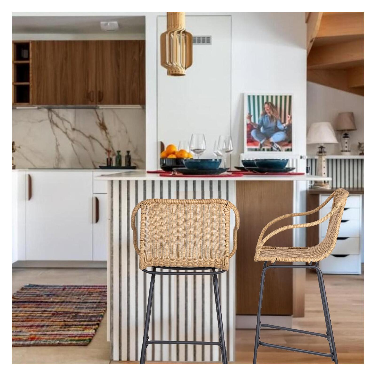 Lot de 2 chaises d'ilot et bar 65 cm en rotin synthétique et métal