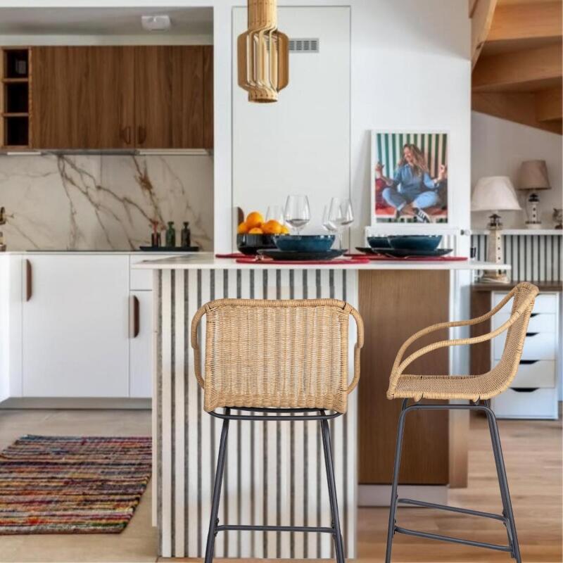 Lot de 2 chaises de bar et d'ilot 65 cm en rotin synthétique et métal