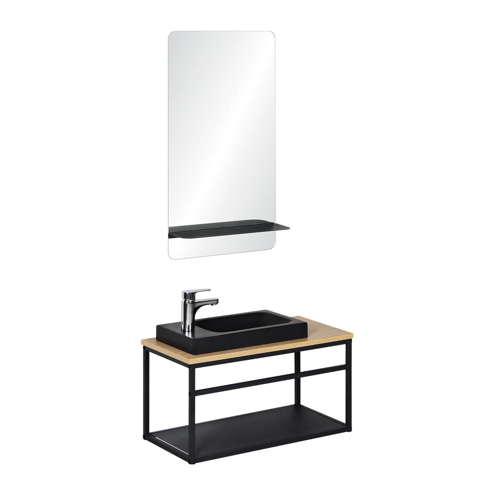 Ensemble meuble lave-mains vasque blanche WILO + miroir + robinet chromé