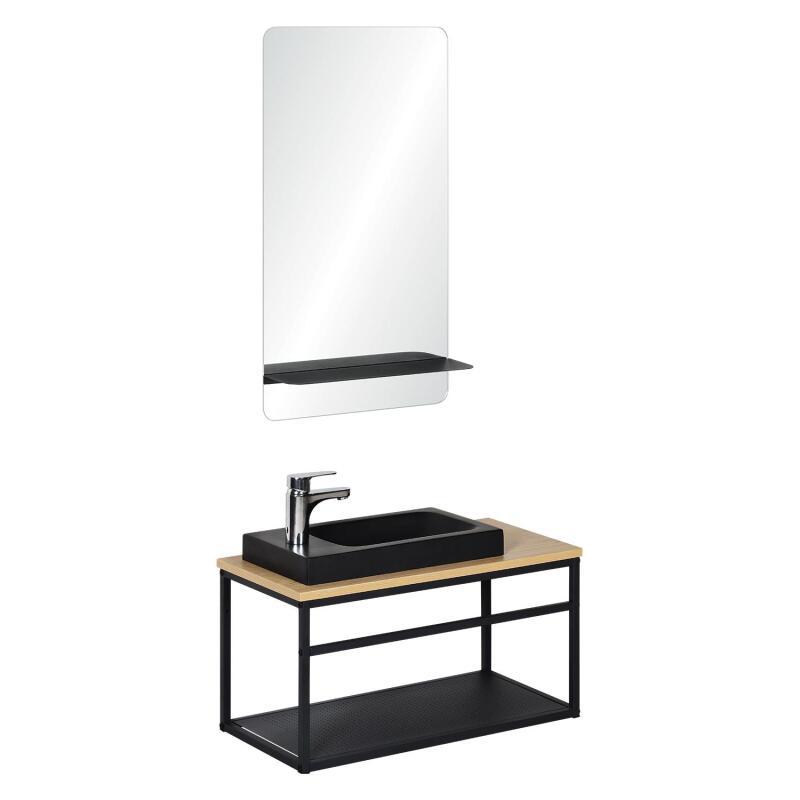 Ensemble meuble lave-mains vasque blanche WILO + miroir + robinet chromé