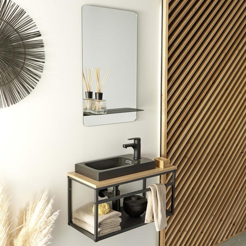 Ensemble meuble lave-mains vasque blanche WILO + miroir + robinet chromé