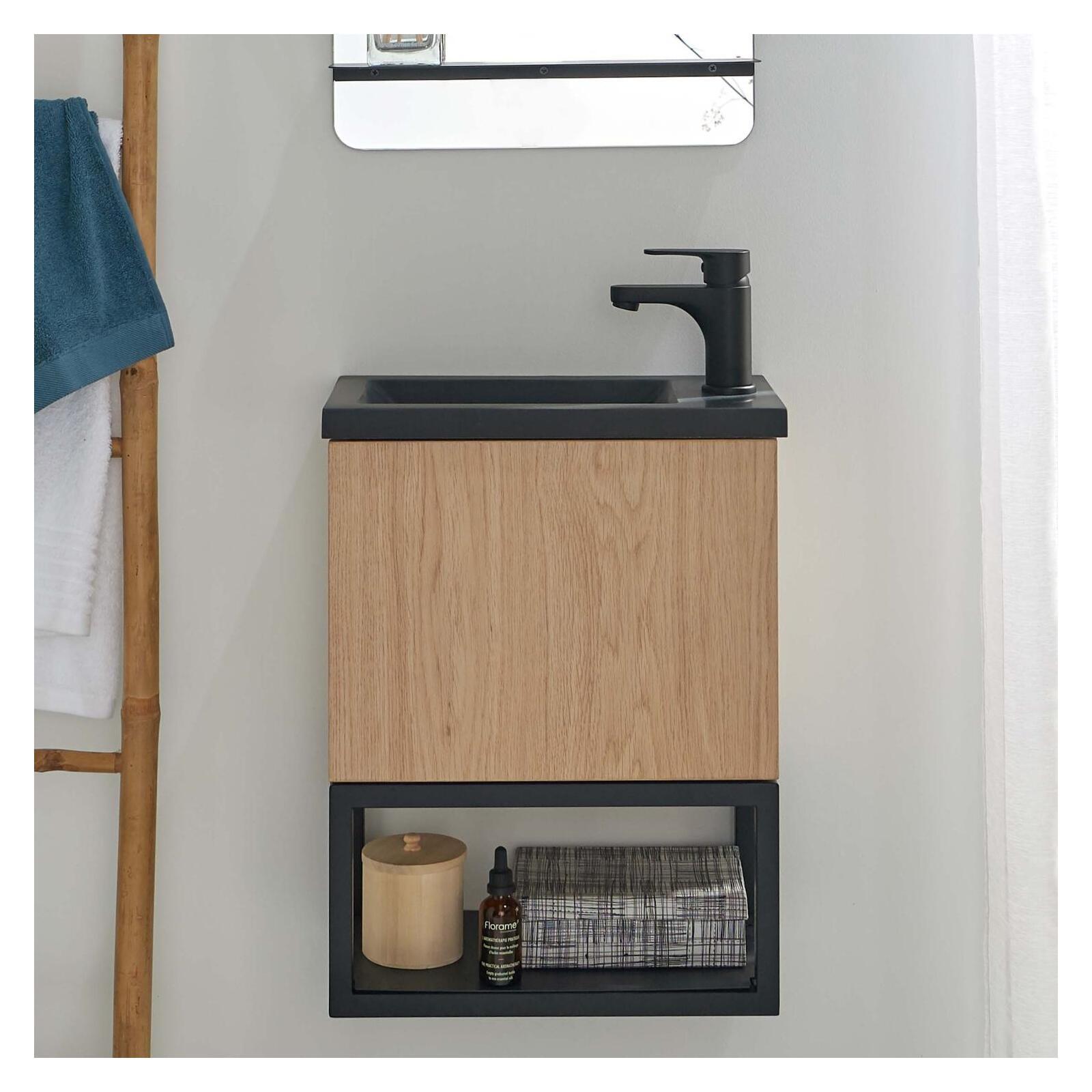 Ensemble meuble lave-mains à suspendre NOVA avec robinet noir