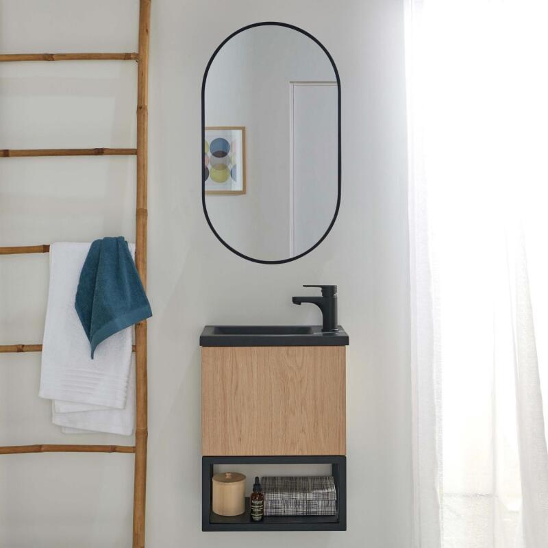Ensemble meuble lave-mains noir carbone + miroir + robinet