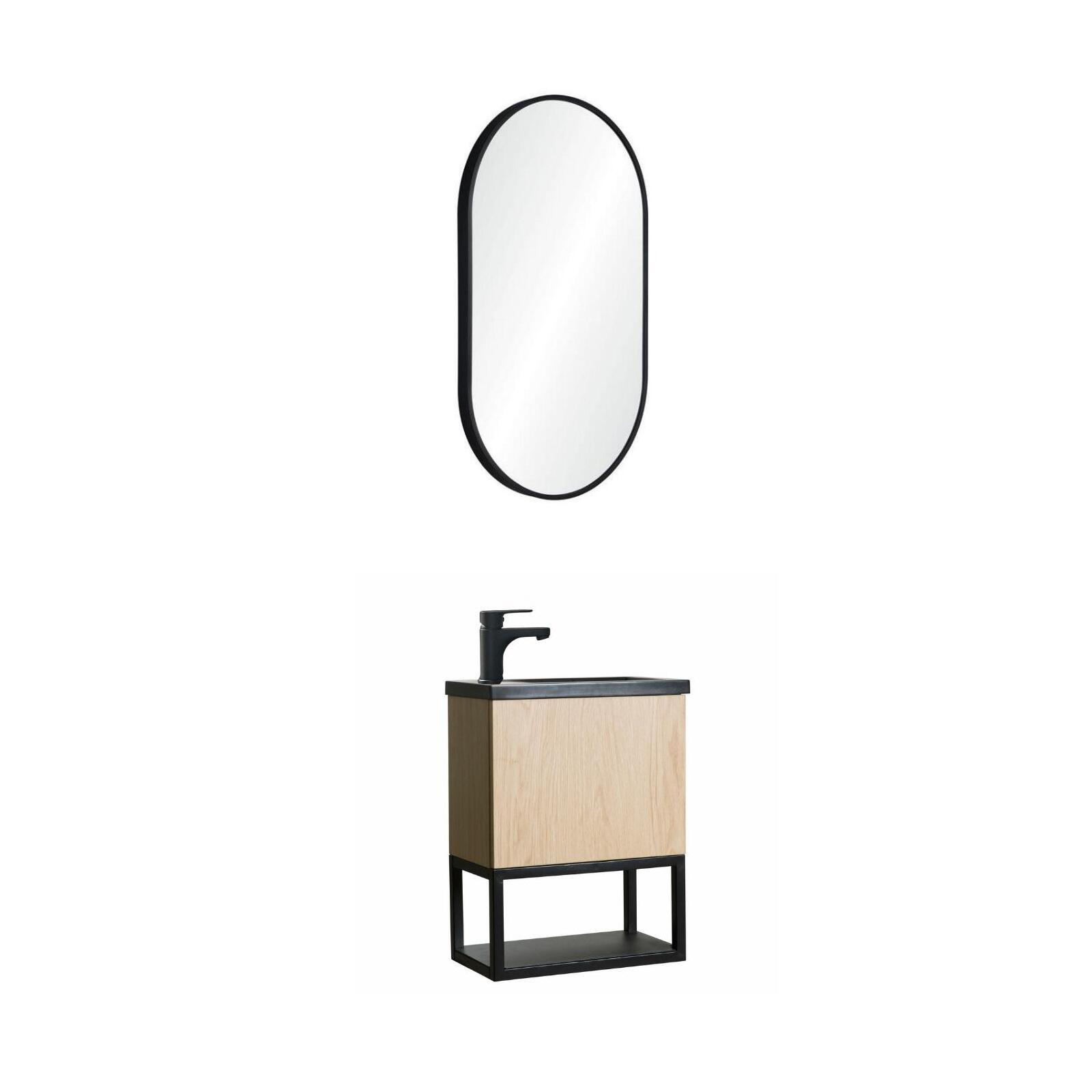 Ensemble meuble lave-mains noir carbone + miroir + robinet