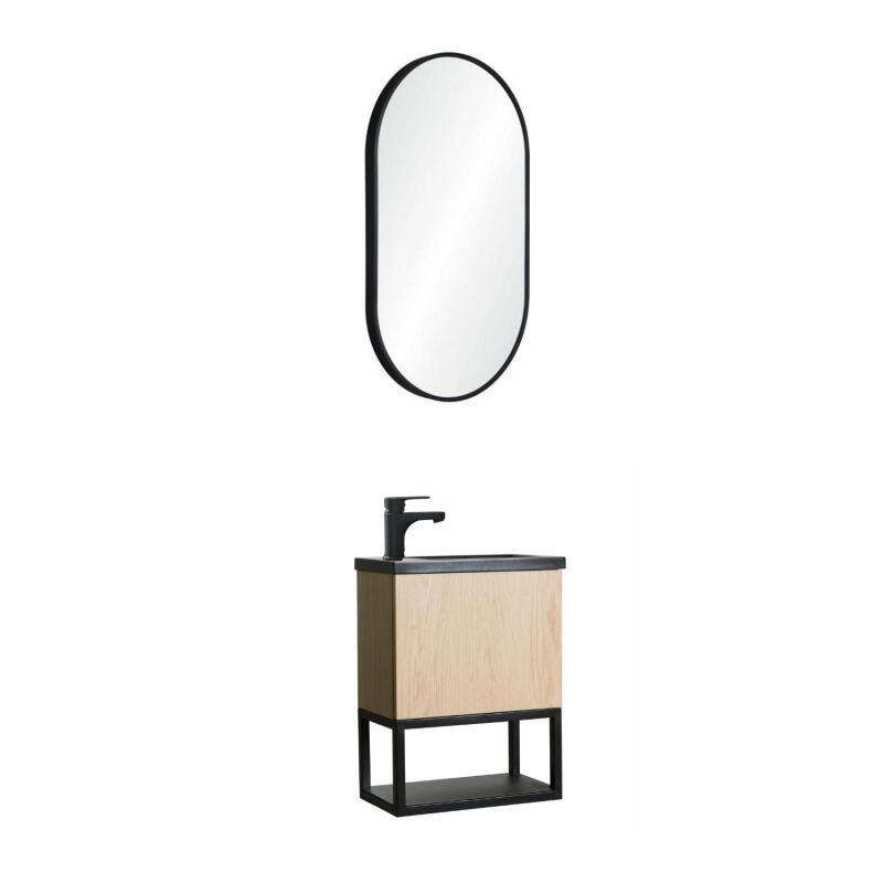 Ensemble meuble lave-mains noir carbone + miroir + robinet