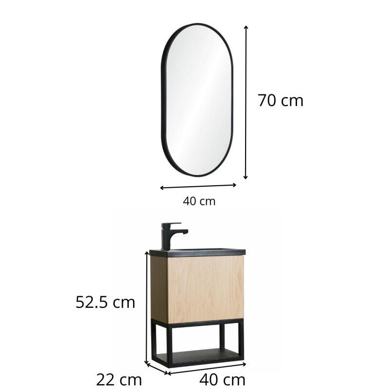 Ensemble meuble lave-mains noir carbone + miroir + robinet