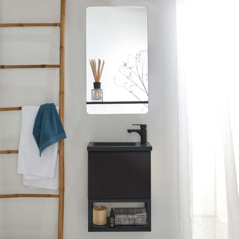 Ensemble lave-mains métal et bois avec miroir à tablette