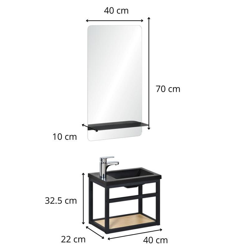 Ensemble meuble lave-mains noir SAO + miroir + robinet chromé