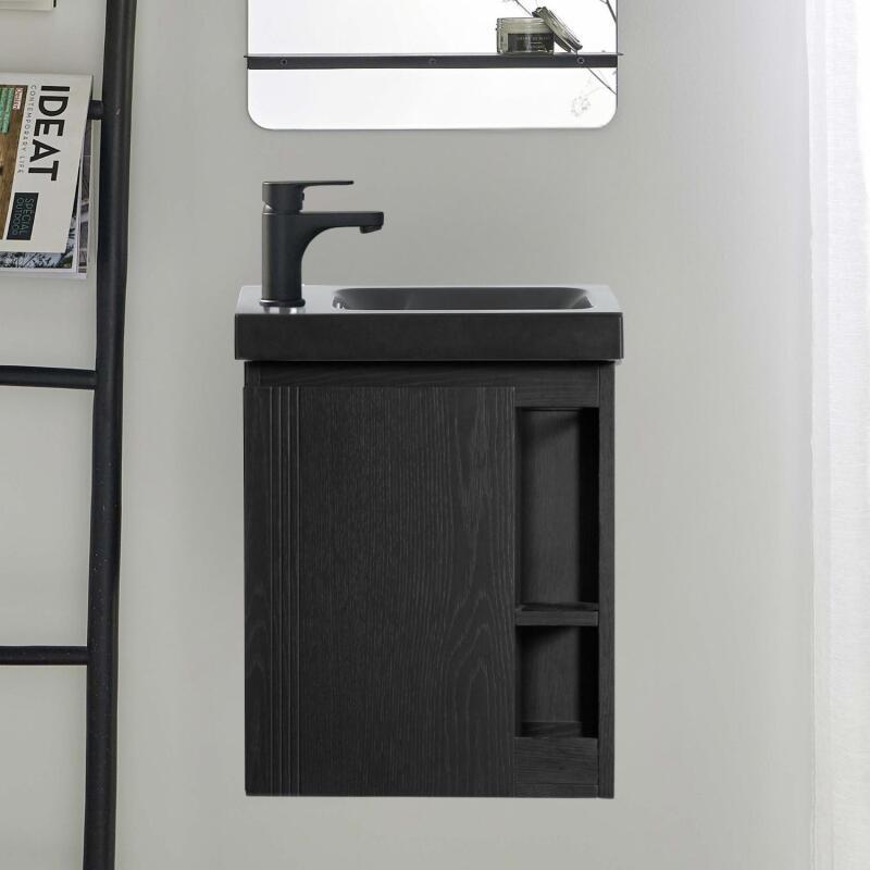 Meuble lave-mains chêne carbone vasque noire