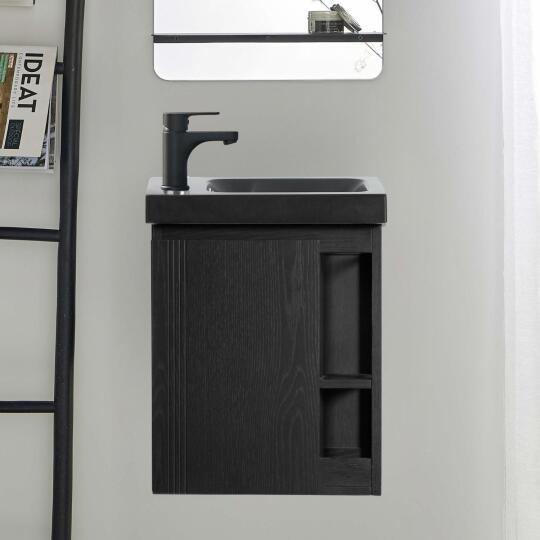 Meuble lave-mains chêne carbone vasque noire