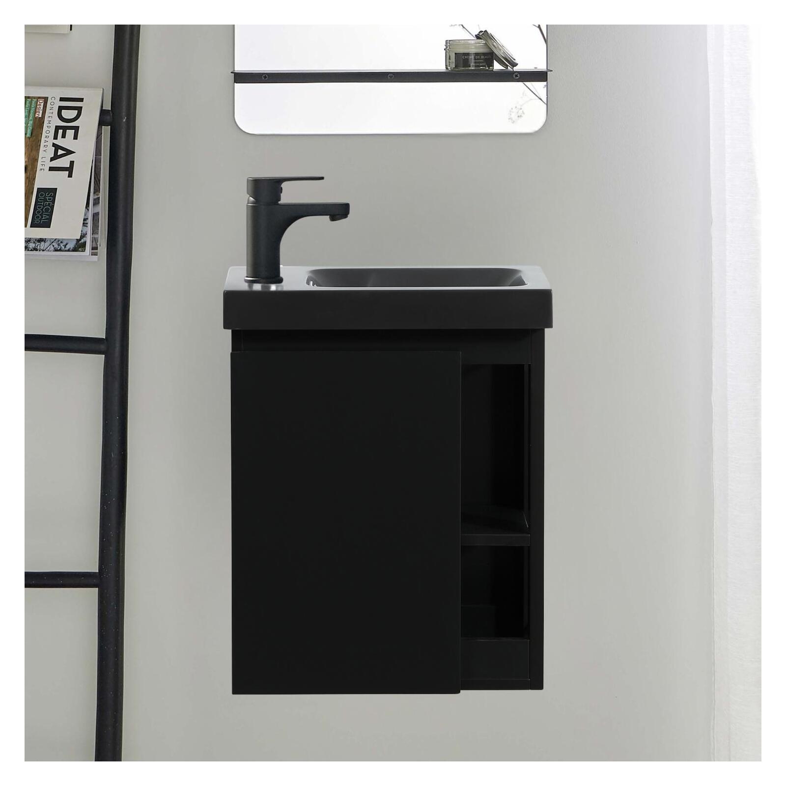 Ensemble meuble lave-mains chêne carbone vasque noire + robinet