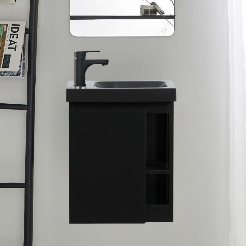 Ensemble meuble lave-mains chêne carbone vasque noire + robinet