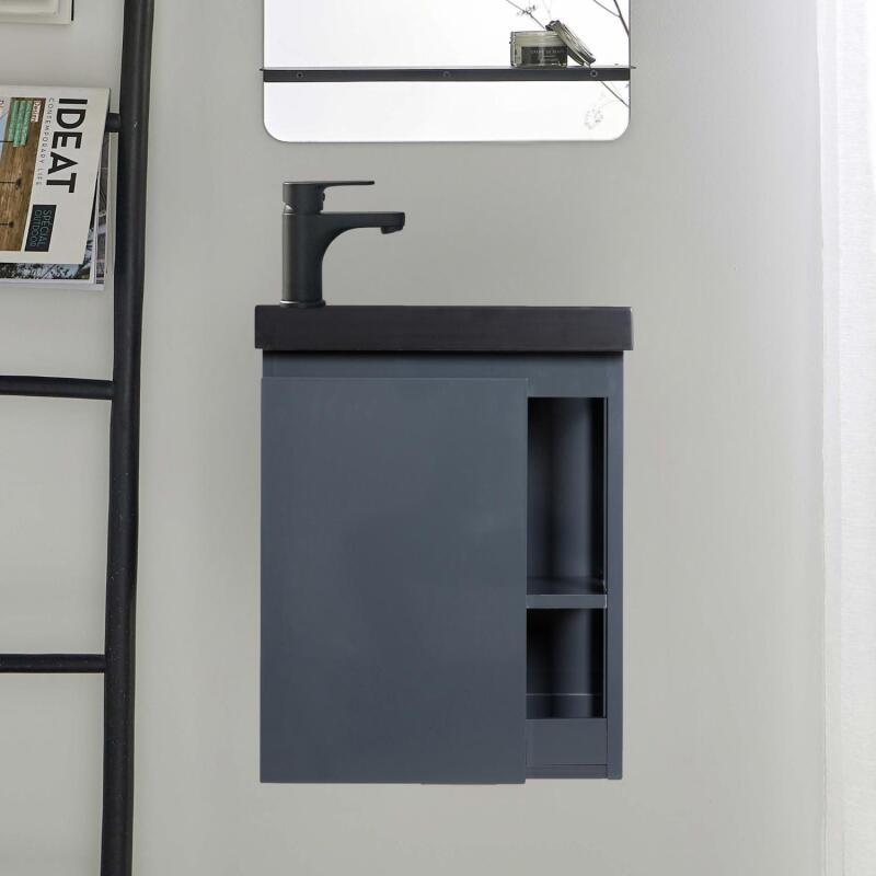 Ensemble meuble lave-mains chêne carbone vasque noire + robinet