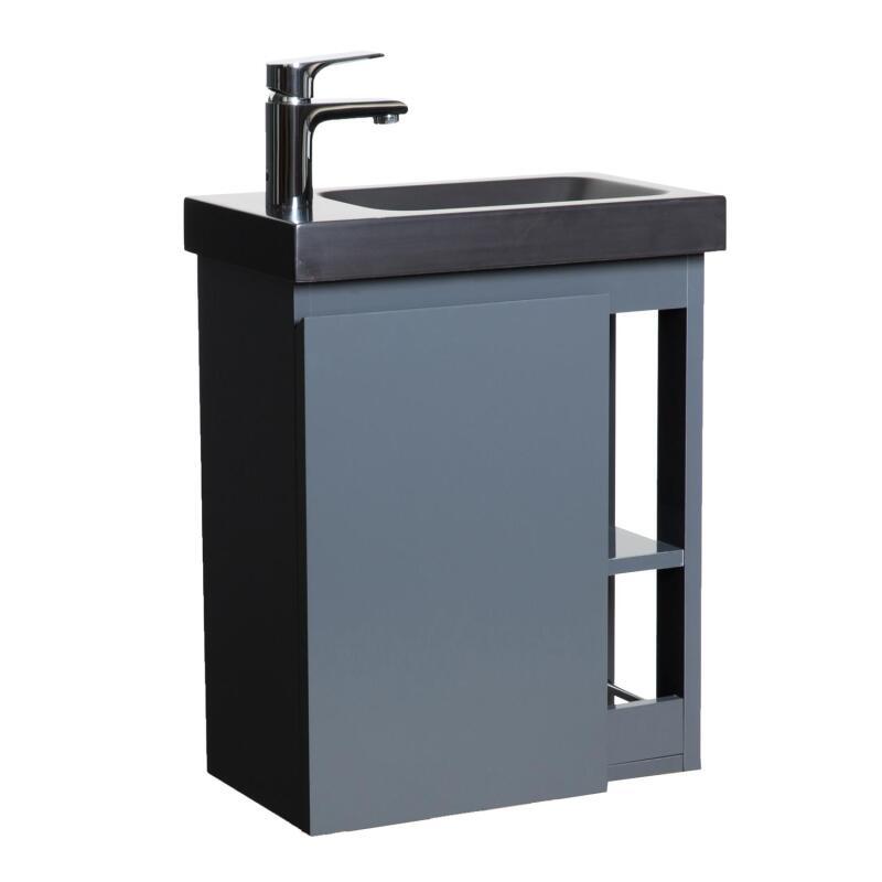 Ensemble meuble lave-mains chêne carbone vasque noire + robinet