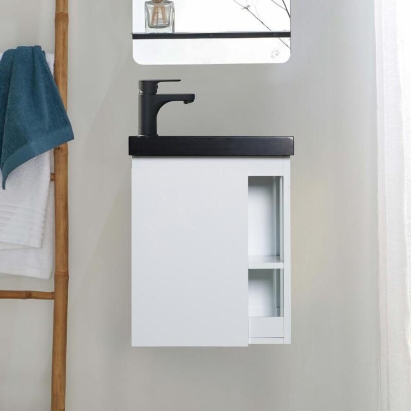 Ensemble meuble lave-mains chêne carbone vasque noire + robinet