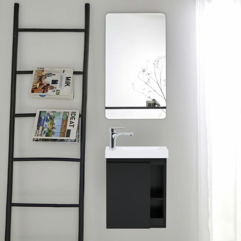 Ensemble lave-mains avec rangement latéral, robinet chromé et miroir tablette