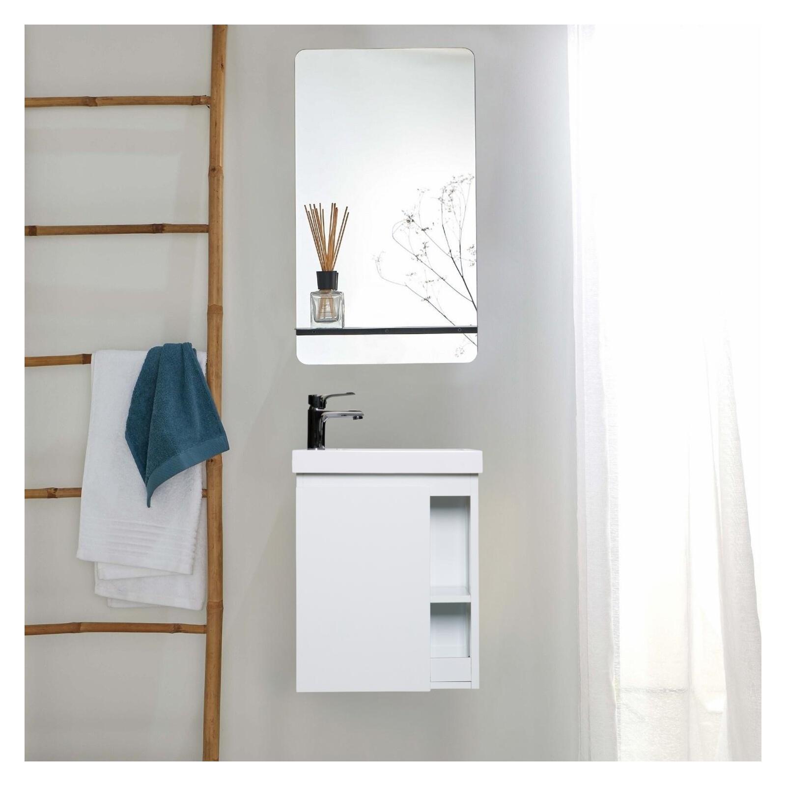 Ensemble lave-mains avec rangement latéral, robinet chromé et miroir tablette