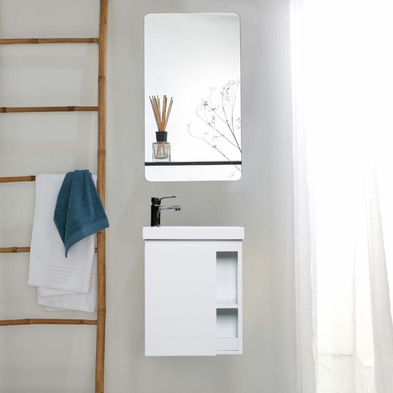 Ensemble lave-mains avec rangement latéral, robinet chromé et miroir tablette