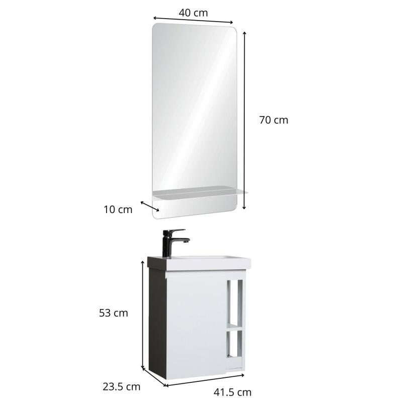 Ensemble lave-mains avec rangement latéral, robinet chromé et miroir tablette