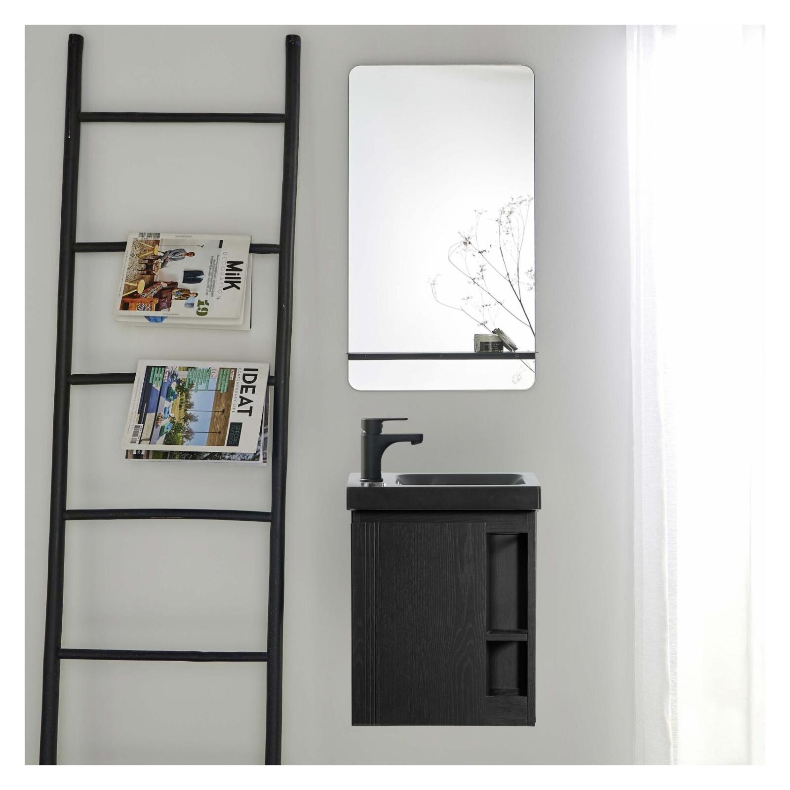 Ensemble lave-mains avec rangement latéral, robinet noir et miroir tablette