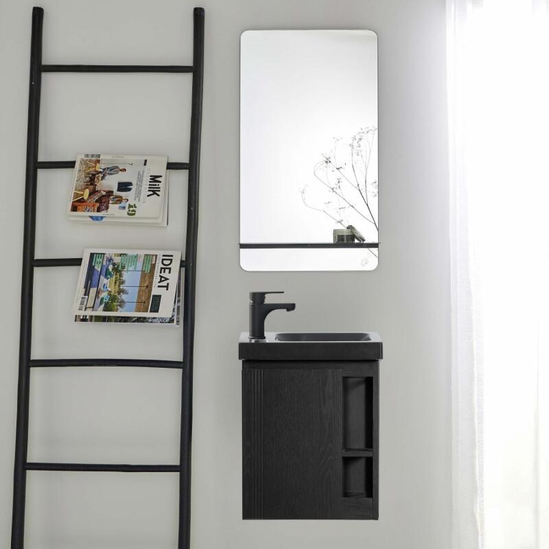 Ensemble lave-mains avec rangement latéral, robinet noir et miroir tablette