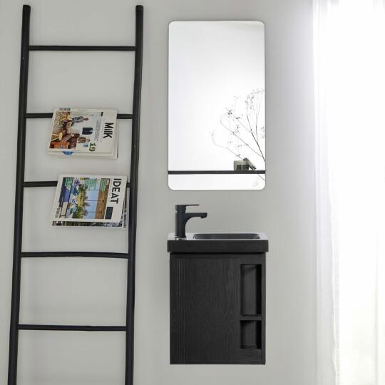 Ensemble lave-mains avec rangement latéral, robinet noir et miroir tablette