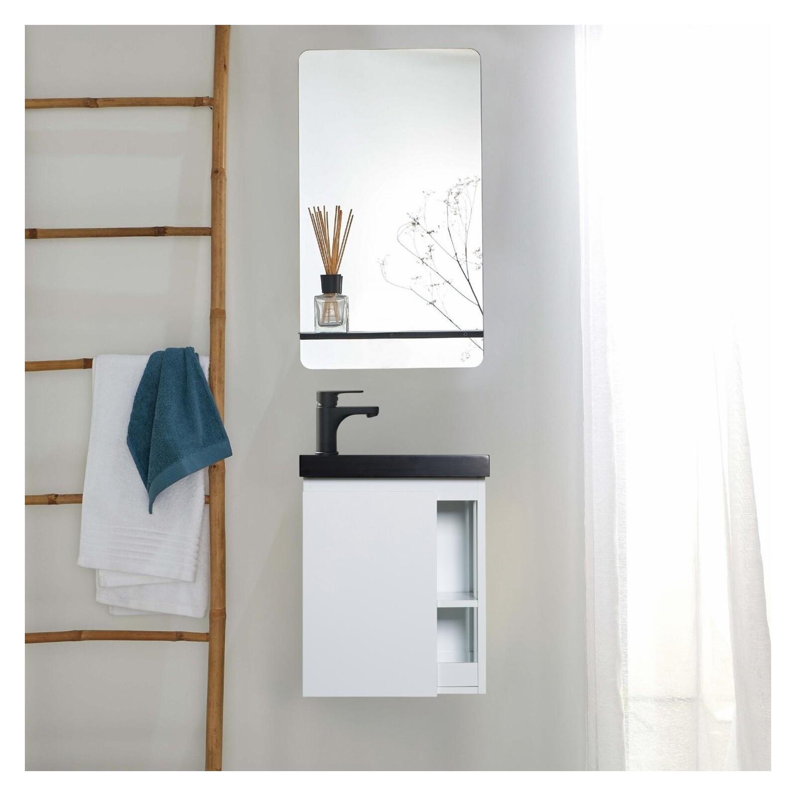 Ensemble lave-mains avec rangement latéral, robinet noir et miroir tablette