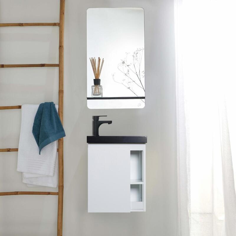 Ensemble lave-mains avec rangement latéral, robinet noir et miroir tablette