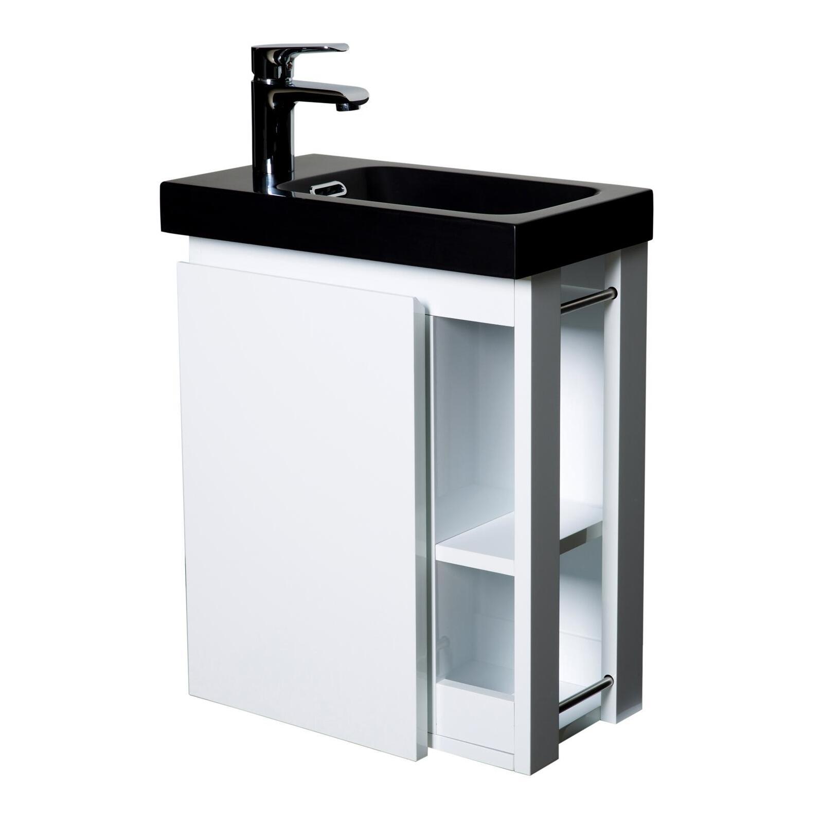 Ensemble lave-mains avec rangement latéral, robinet noir et miroir tablette