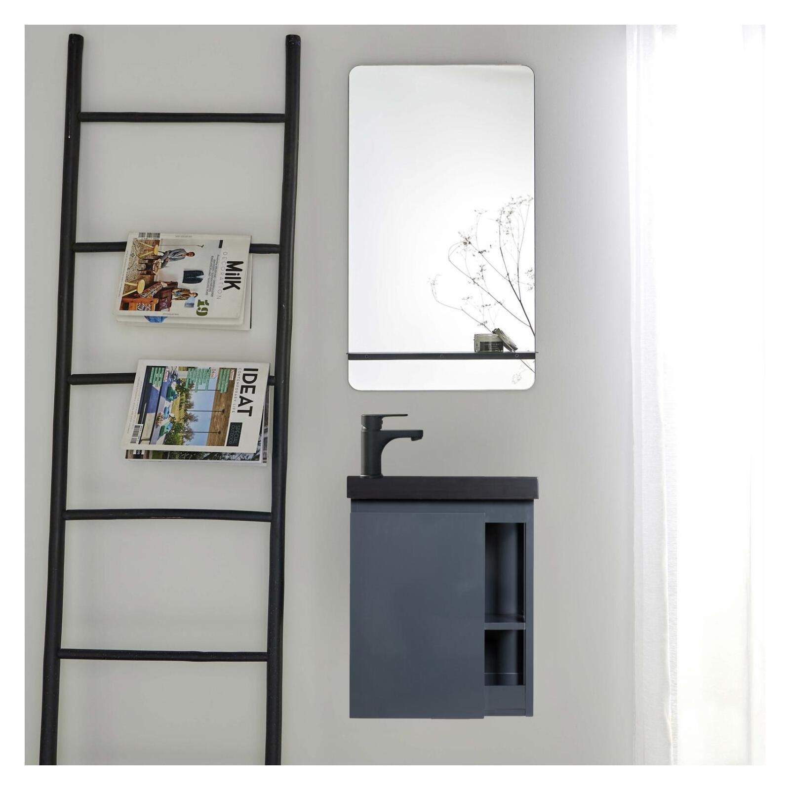 Ensemble lave-mains avec rangement latéral, robinet noir et miroir tablette