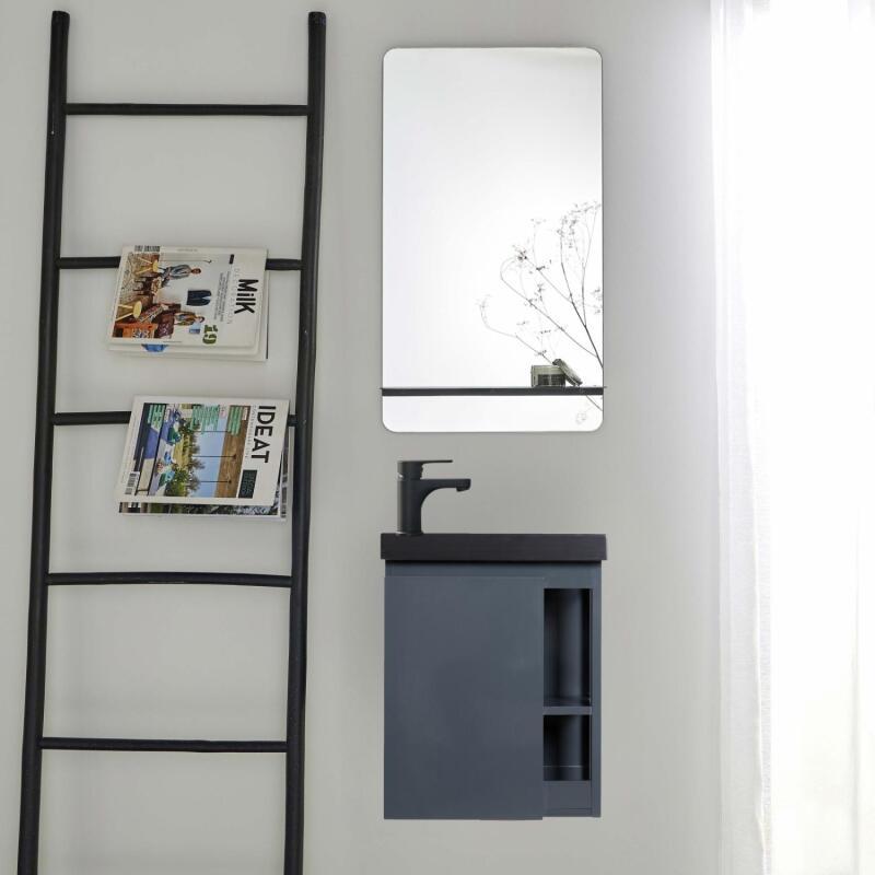 Ensemble lave-mains avec rangement latéral, robinet noir et miroir tablette