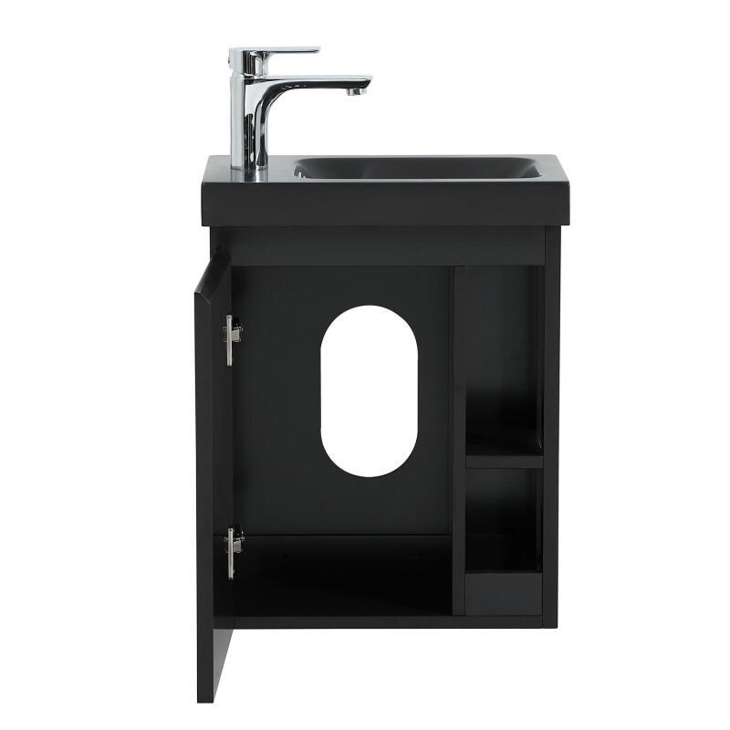 Ensemble lave-mains avec rangement latéral, robinet noir et miroir tablette