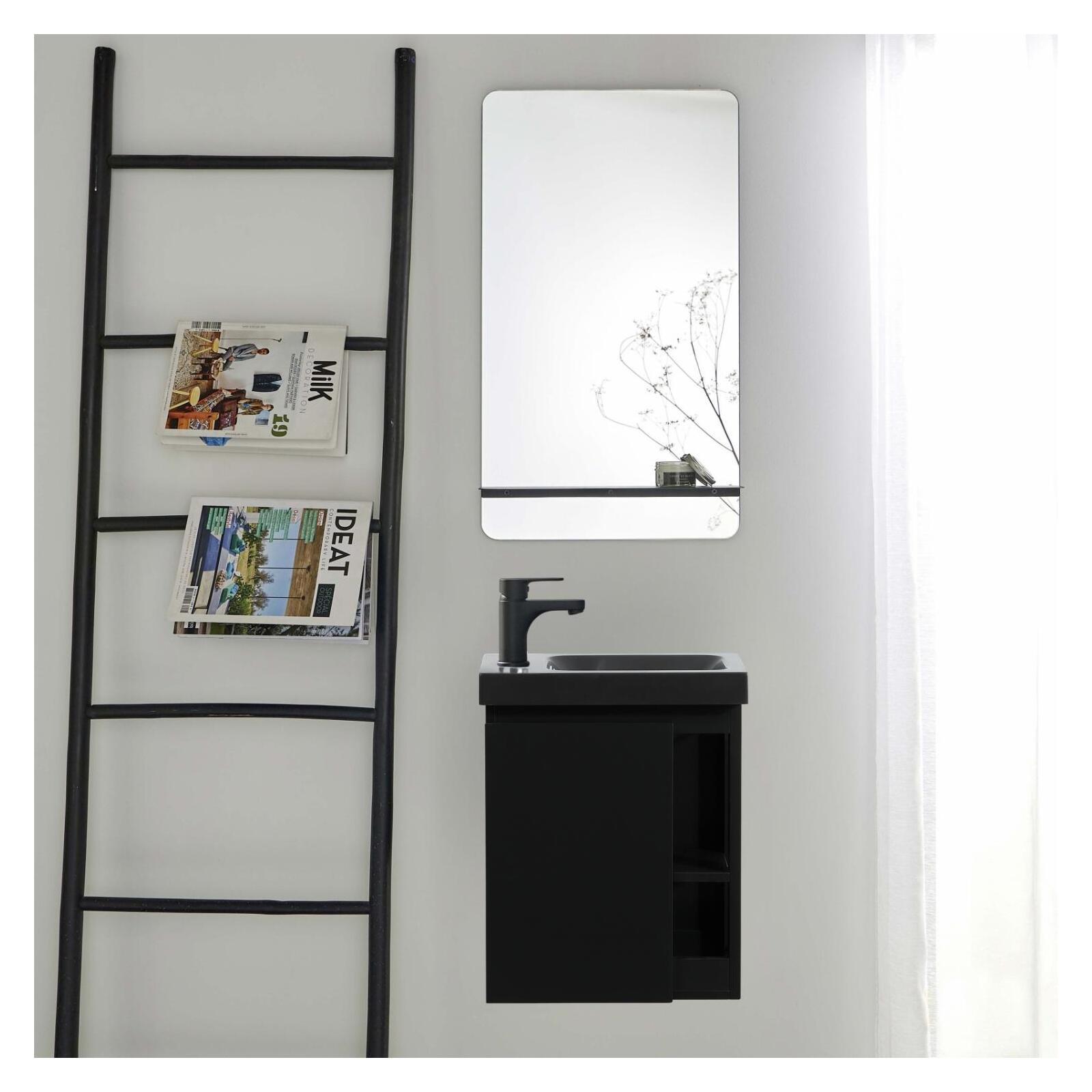 Ensemble lave-mains avec rangement latéral, robinet noir et miroir tablette