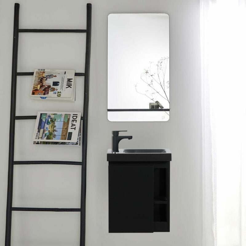 Ensemble lave-mains avec rangement latéral, robinet noir et miroir tablette