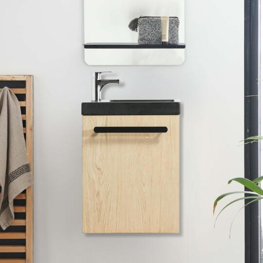 Meuble lave-mains décor chêne vasque noire NEVADA