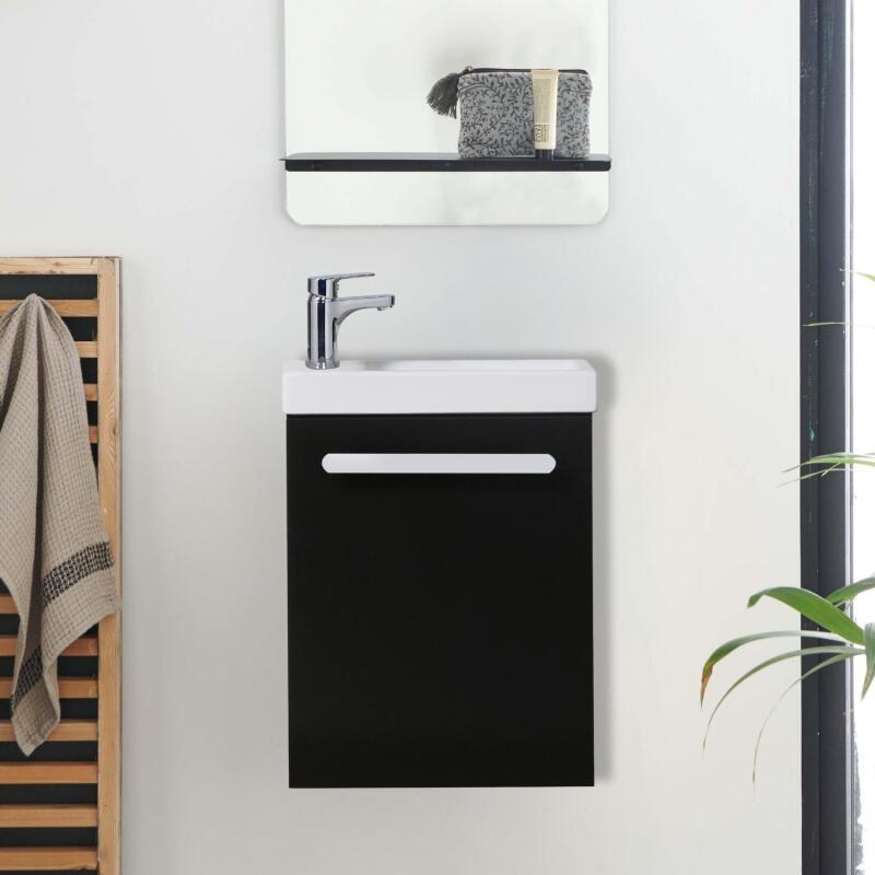 Meuble lave-mains décor chêne vasque noire NEVADA