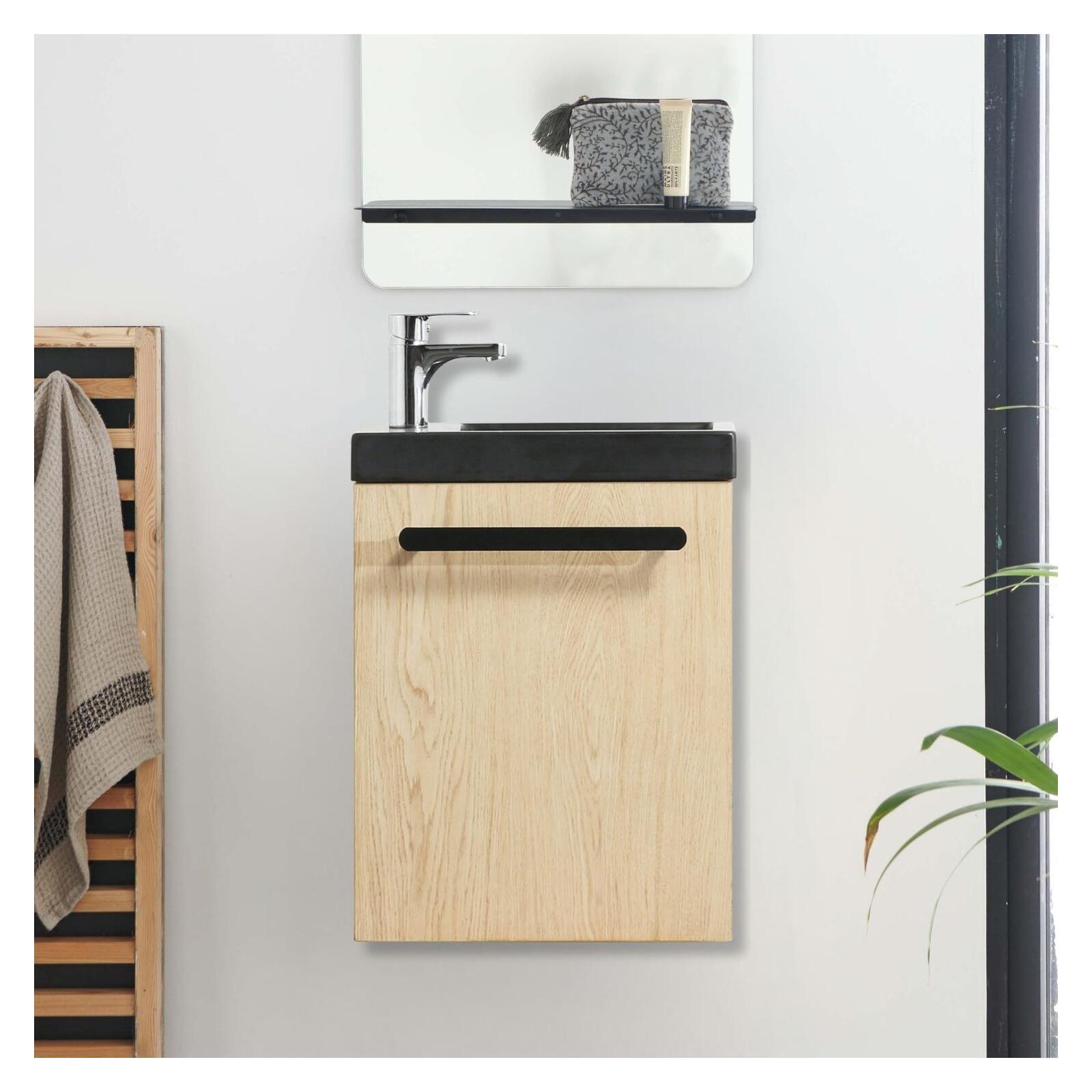 Ensemble meuble lave-mains décor chêne vasque noire NEVADA avec robinet chromé