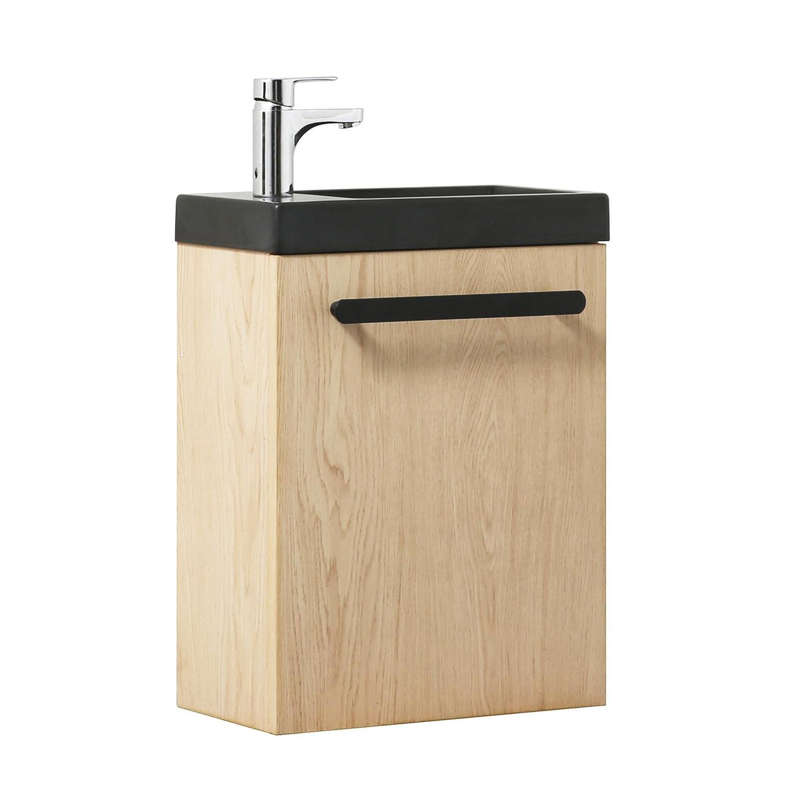 Ensemble meuble lave-mains décor chêne vasque noire NEVADA avec robinet chromé