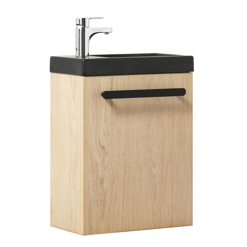 Ensemble meuble lave-mains décor chêne vasque noire NEVADA avec robinet chromé