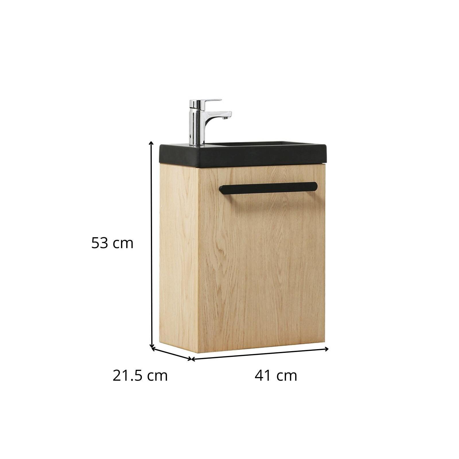 Ensemble meuble lave-mains décor chêne vasque noire NEVADA avec robinet chromé