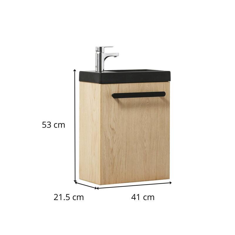 Ensemble meuble lave-mains décor chêne vasque noire NEVADA avec robinet chromé