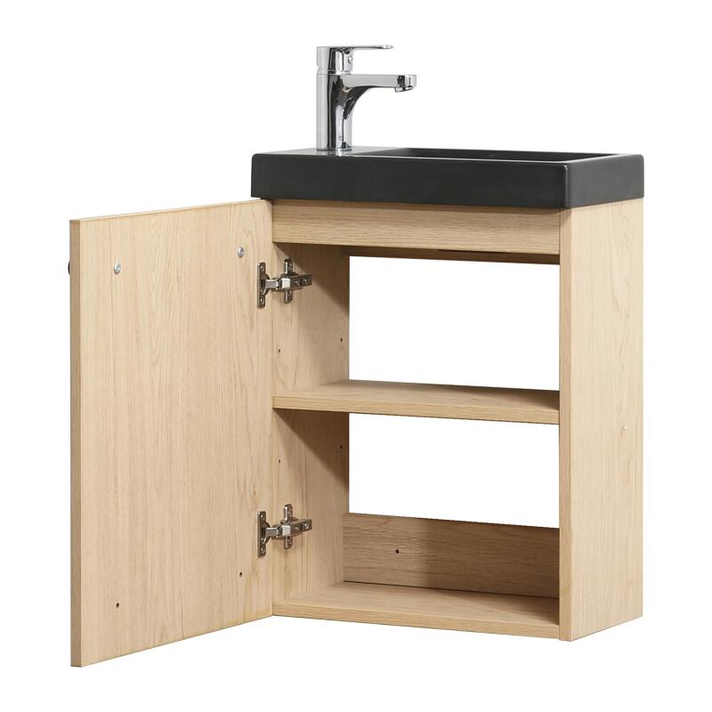 Ensemble meuble lave-mains décor chêne vasque noire NEVADA avec robinet chromé