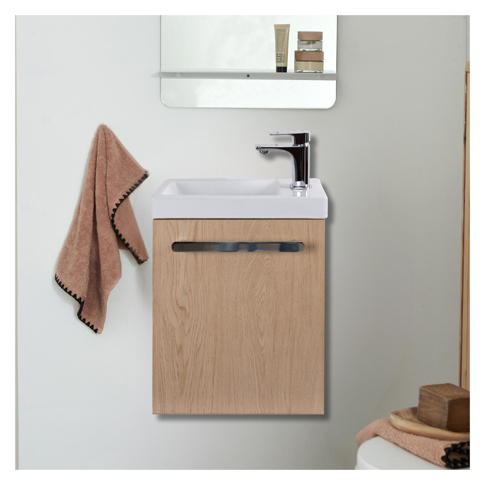 Ensemble meuble lave-mains décor chêne vasque noire NEVADA avec robinet chromé