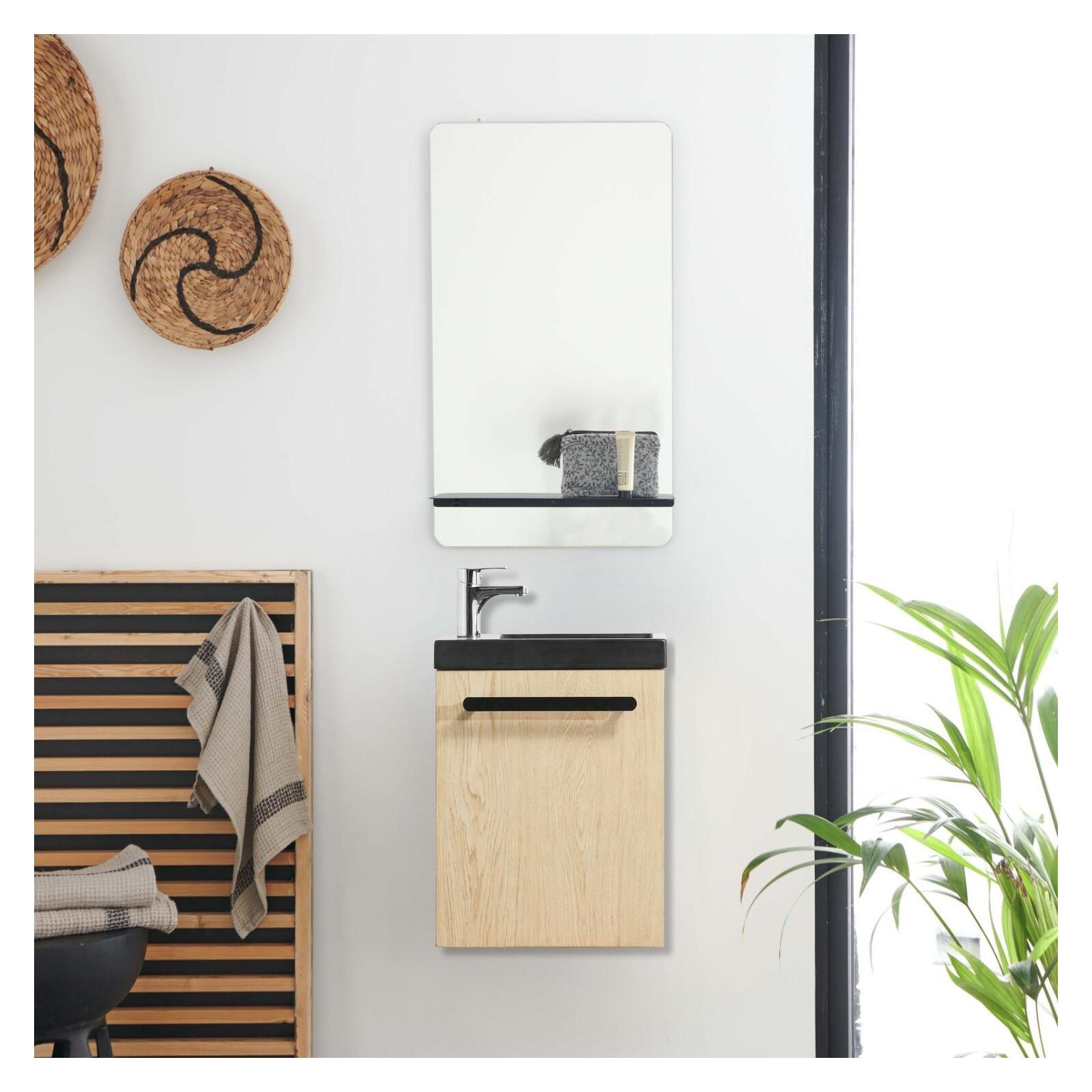 Ensemble meuble lave-mains noir carbone NEVADA + miroir + robinet chromé