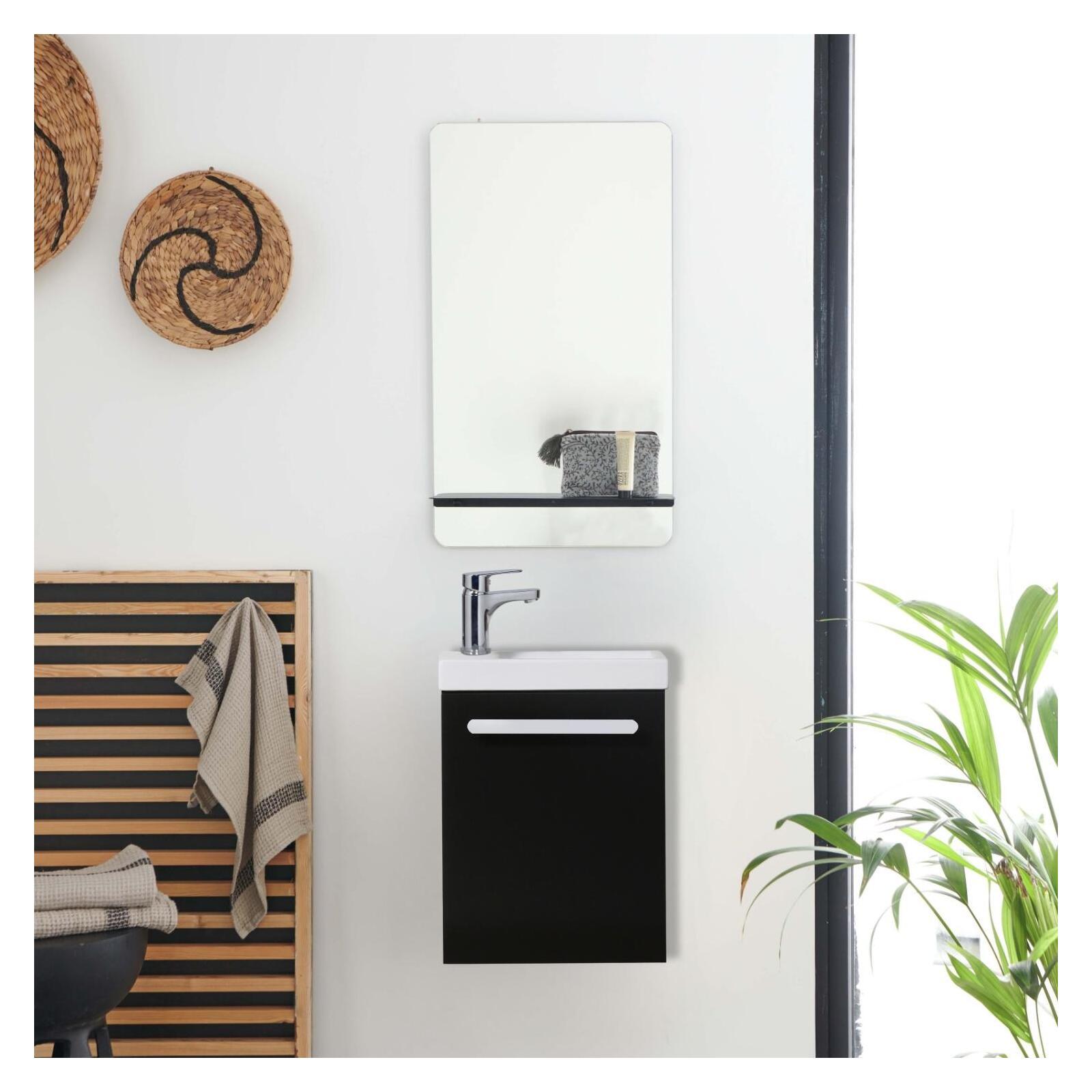 Ensemble meuble lave-mains noir carbone NEVADA + miroir + robinet chromé