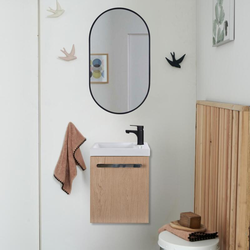 Ensemble lave-mains suspendu avec poignée métal et miroir ovale noir