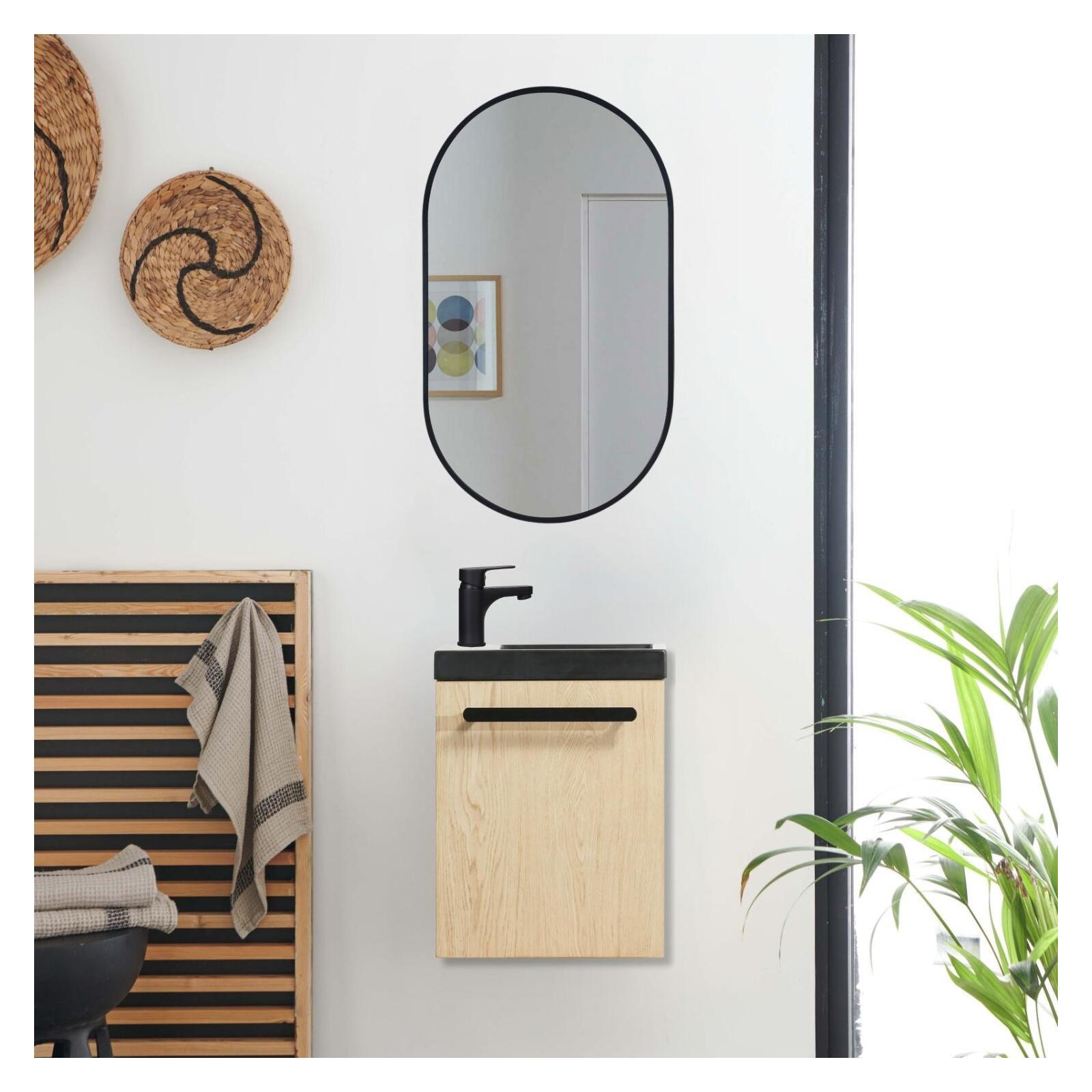 Ensemble lave-mains suspendu avec poignée métal et miroir ovale noir