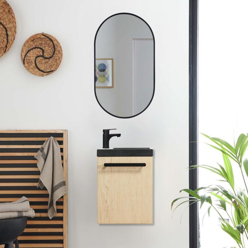 Ensemble lave-mains suspendu avec poignée métal et miroir ovale noir