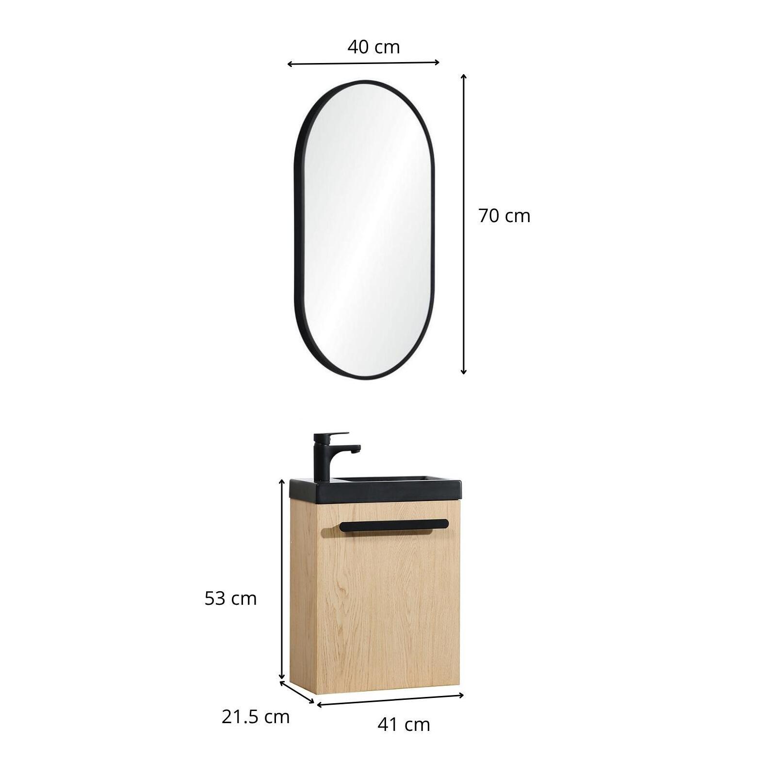 Ensemble lave-mains suspendu avec poignée métal et miroir ovale noir
