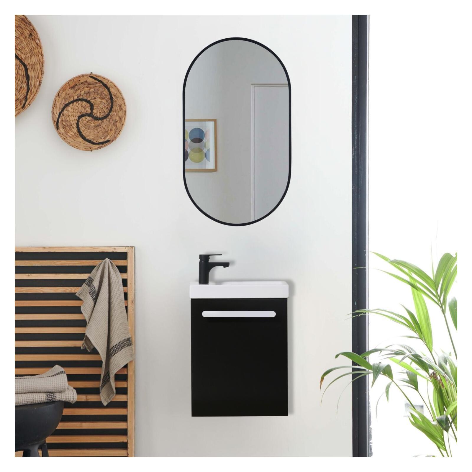 Ensemble lave-mains suspendu avec poignée métal, robinet noir et miroir ovale noir